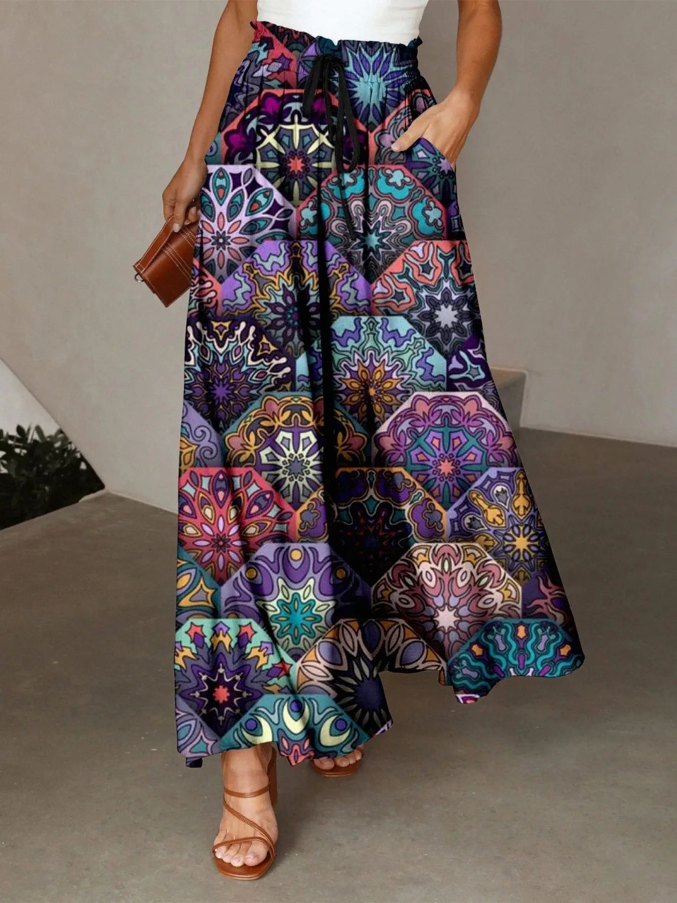 Colorful Feather Printed Wide Leg Pants Women's Elapsed Waist Pleated Pocket Design Loose Draped All-match Casual Pants