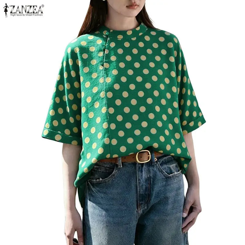 ZANZEA Summer Woman Polka Dot Blouses Vintage Mandarin Collar Half Sleeve Loose Tops Casual Daily Cotton Linen Blusas de Mujer