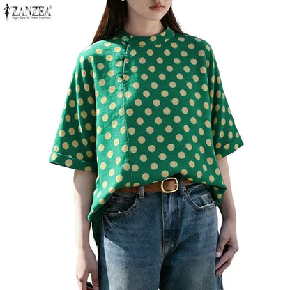 ZANZEA Summer Woman Polka Dot Blouses Vintage Mandarin Collar Half Sleeve Loose Tops Casual Daily Cotton Linen Blusas de Mujer