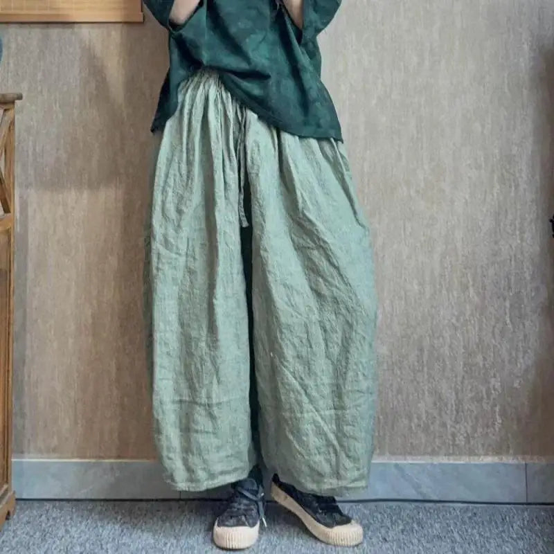 New 2026 Spring Summer Arts Style Women Elastic Waist Loose Vintage Ankle-length Pants High Quality Cotton Linen Wide Leg Pants