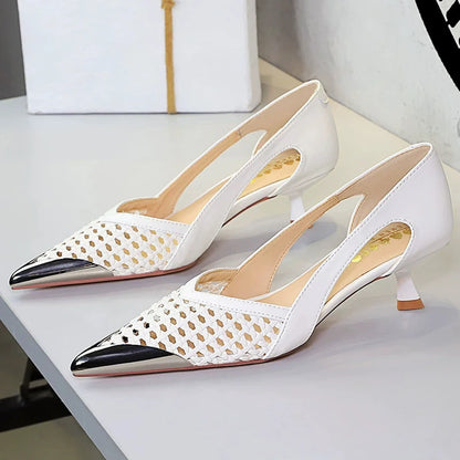 BIGTREE Shoes Weaving Design Women Pumps Hollow Out Stiletto High Heels 7 cm 5.5 cm Metal Pointed Tip Kitten Heels Ladies Shoes