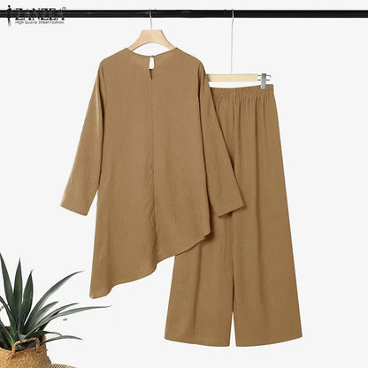 Ramadan Muslim Sets Outfit ZANZEA Modest Women 2 Piece Sets Casual O Neck Long Sleeve Tops Pant Sets Irregular Abaya Kaftan 2026