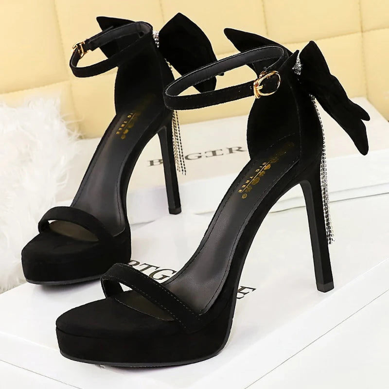 BIGTREE Shoes Leopard Suede Heeled Sandals Women Shoes Peep Toe High Heels Stiletto 11 cm Bow Rhinestone Chain Ladies Shoes New