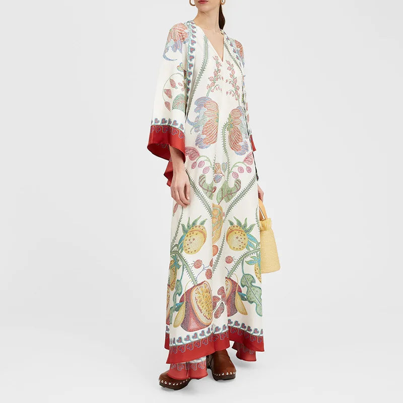 2025 Loose Fit Three Quarter Sleeve Lace-Up Party Dress Women Spring Summer Printing V-Neck Maxi Dress Streetwear Dropshipping