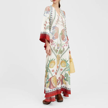 2025 Loose Fit Three Quarter Sleeve Lace-Up Party Dress Women Spring Summer Printing V-Neck Maxi Dress Streetwear Dropshipping