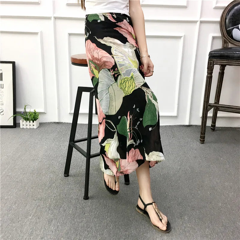 Vacation Style Wrap Skirt Beachside Long Skirt Women's High Waist A-Line Midi Skirt Floral Print One-Piece Summer Spring