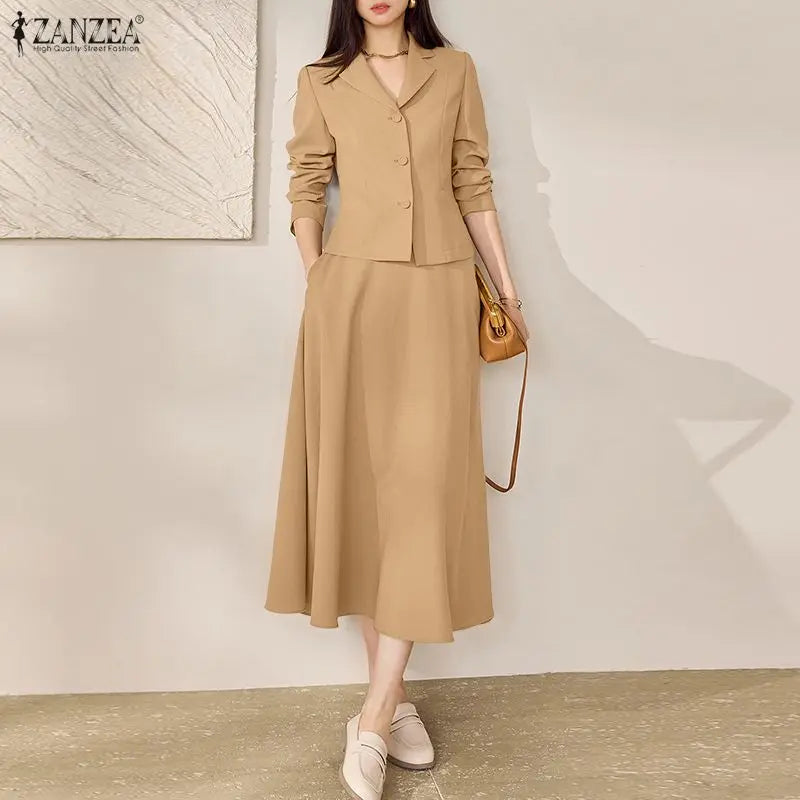 2026 ZANZEA Spring Lapel Neck Long Sleeve Shirt Dress Sets Office Women 2 Pieces Sets Stylish Solid OL Outfits A Line Skirt Suit