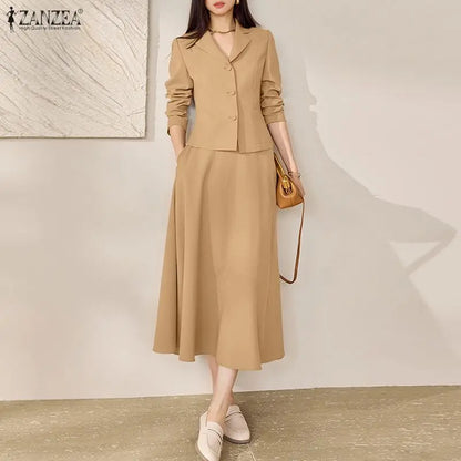2026 ZANZEA Spring Lapel Neck Long Sleeve Shirt Dress Sets Office Women 2 Pieces Sets Stylish Solid OL Outfits A Line Skirt Suit