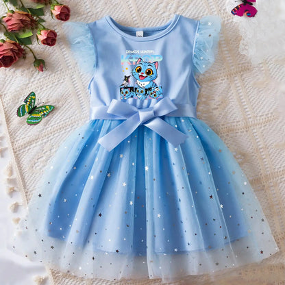 K-Pop Hunters Zoey Rumi Girls Sequin Tutu Dress with Bow Flutter Sleeves Summer Princess Party Outfit for Toddler Kids 2-6Y