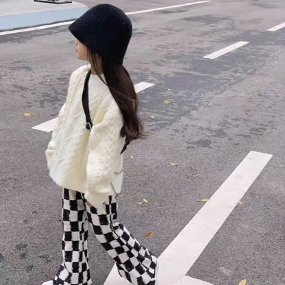 New Girls' Spring Fall Lined Checkered Flared Pants Thickened Thermal Playwear for Kids
