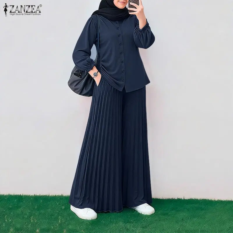 2026 ZANZEA Muslim Hijab Tracksuit Ramadan Outfits Women Pant Sets Long Sleeve Tops Wide Leg Trousers Elegant Solid OL Work Suit