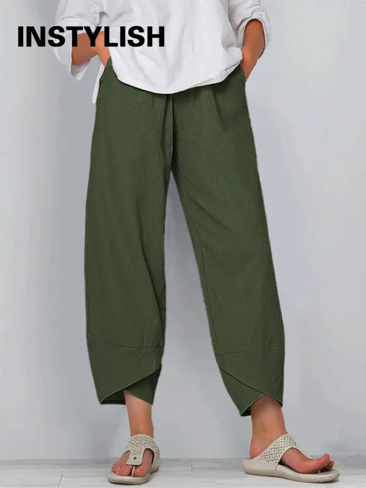 Women Cotton Linen Harem Pants Vintage Printed Wide Leg Trousers Casual Solid Pockets Harajuku High Waist Baggy Pants Joggers