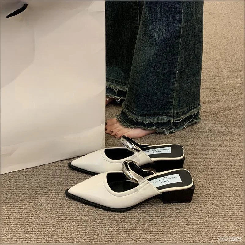 2026 New Women Cover Toe Mules Slippers Fashion Metal Decoration Thick Heel Slide Shoes Comfort Street Style Footwear