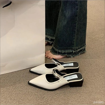 2026 New Women Cover Toe Mules Slippers Fashion Metal Decoration Thick Heel Slide Shoes Comfort Street Style Footwear
