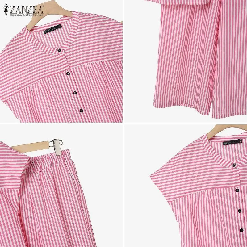 Summer Women Pant Sets Fashion ZANZEA 2PCS Stripe Two-piece Outfits Short Sleeve Tops Wide Leg Pants Streetwear Matching Sets