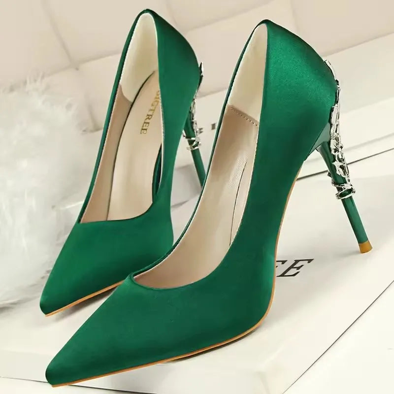 BIGTREE Shoes Women Pumps Flower Carved Metal Heel Women Shoes Fashion Wedding Shoes Satins Stilettos Heels 10 Cm High Heels