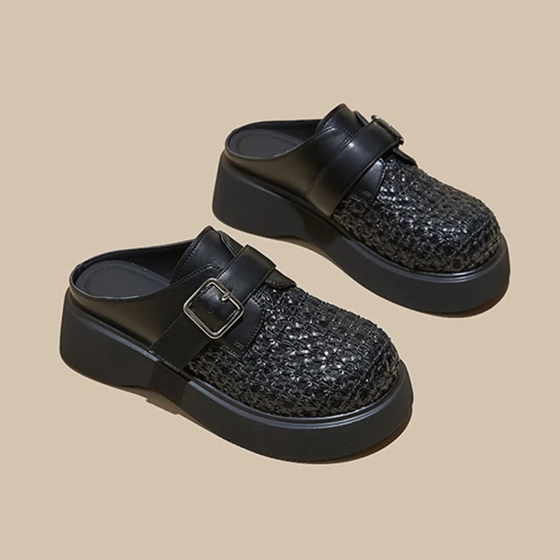 High Quality Leather Mesh Mules Slippers Women Openwork Design Wedge Heeled Sandals for Girls Summer Comfortable Beach Shoes