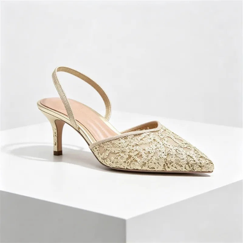 Gold Mesh Embroidered Floral Design Mules Sandals Women Sexy Pointed-Toe Back Strap High Heels for Ladies Elegant Party Shoes