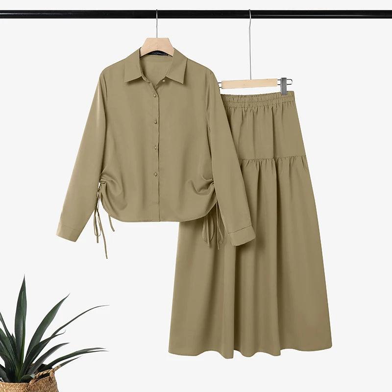 2026 ZANZEA Fashion Women Long Sleeve Shirt Dress Sets Muslim Matching Set Ramadan Outfit Hijab Tracksuit Solid Work Skirt Suit
