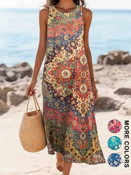 2026 Women's Sleeveless Bohemian Floral Casual Beach MIDI Sundress With Pockets Flowing and Loose Sweetheart Rustic Country