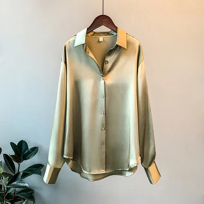 Gadinus Women Solid Color Long Sleeve Button Up Shirt Loose Fit Curved Hem Casual Blouse Top