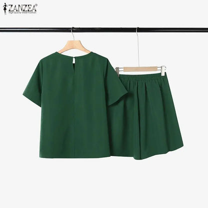 Fashion Summer Short Sleeve Blouse Short Sets 2026 ZANZEA Women Solid Color Tracksuit 2026 Stylish OL Work Outfits 2 Pieces Sets