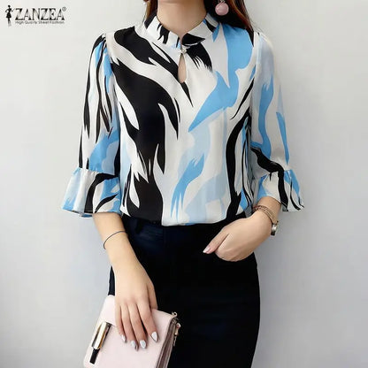 ZANZEA Elegant All-Over Print Blouses Woman Retro Mandarin Collar 3/4 Flare Sleeves Loose Tops Summer Bohemian Blusas de Mujer
