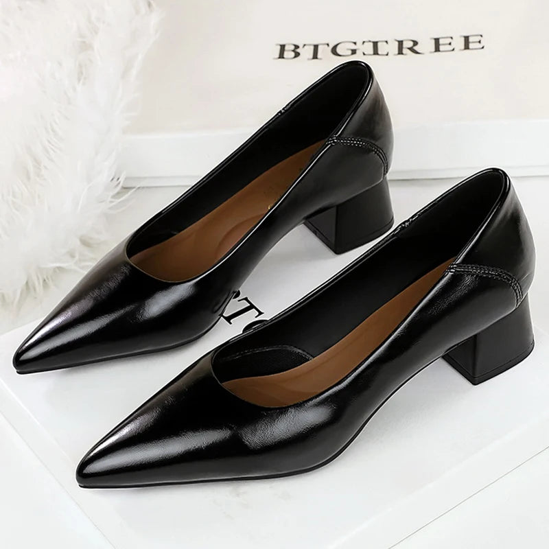 BIGTREE Shoes Women Pumps Chunky Heel Ladies Shoes Pointed Tip Commute Women Mid-Heel Shoes Comfort Lady Fashion Office Shoes