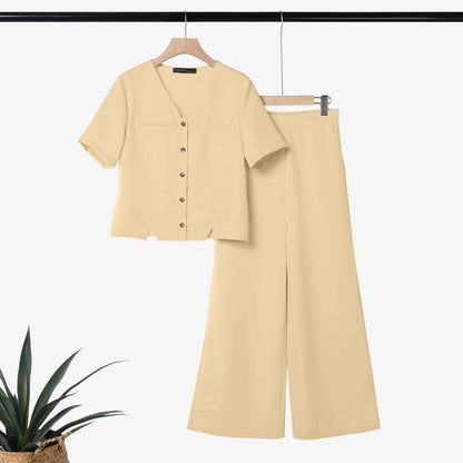 ZANZEA Women's Casual Pant Sets Summer Wide Leg Pant & V-Neck Short Sleeve Shirt 2 Pieces Suits Commute Solid Color Outfits