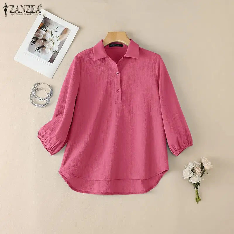 ZANZEA Women Crinkled Fabric Loose Blouses Turn-Down Collar Half-Buttons 3/4 Puff Sleeve Solid Blusas Mujer Daily Casual Tops