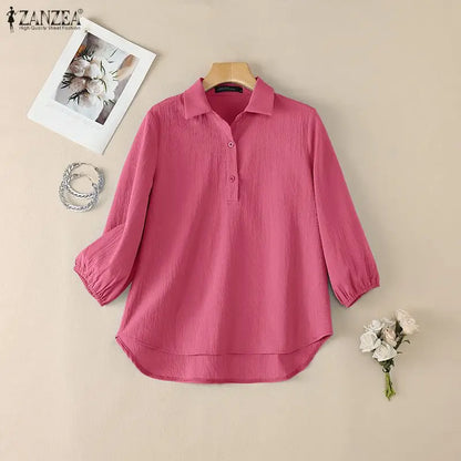 ZANZEA Women Crinkled Fabric Loose Blouses Turn-Down Collar Half-Buttons 3/4 Puff Sleeve Solid Blusas Mujer Daily Casual Tops
