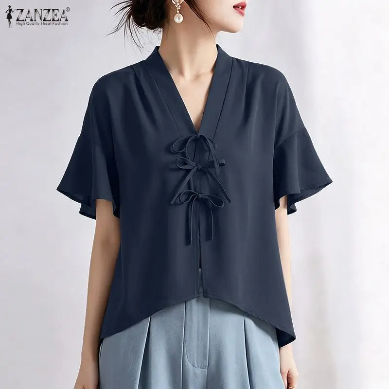 ZANZEA Vintage Kimono Blouses Woman V-Neck Short Sleeve Bow Details High-Low Pullover Tops Casual Day Wear Loose Blusas Mujer