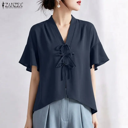 ZANZEA Vintage Kimono Blouses Woman V-Neck Short Sleeve Bow Details High-Low Pullover Tops Casual Day Wear Loose Blusas Mujer