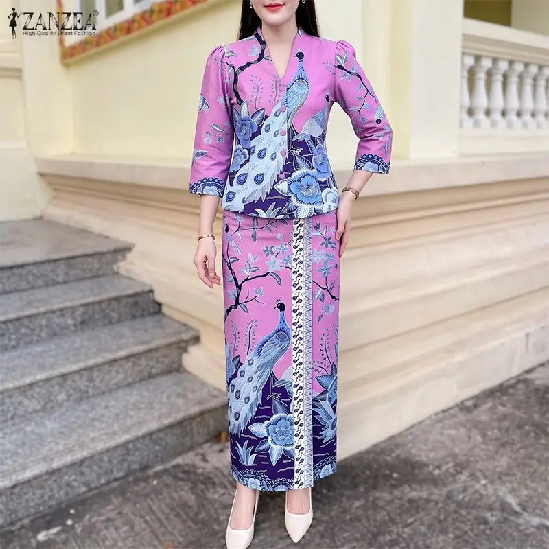 Women Bohemian Dress Sets ZANZEA Stylish Printed Outfits Elegant V Neck 3/4 Sleeve Blouse Maxi Skirt Suit Holiday 2 Pieces Sets
