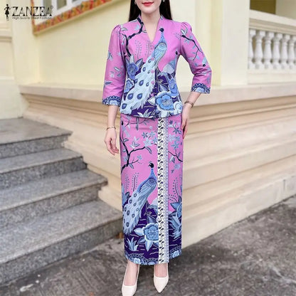 Women Bohemian Dress Sets ZANZEA Stylish Printed Outfits Elegant V Neck 3/4 Sleeve Blouse Maxi Skirt Suit Holiday 2 Pieces Sets