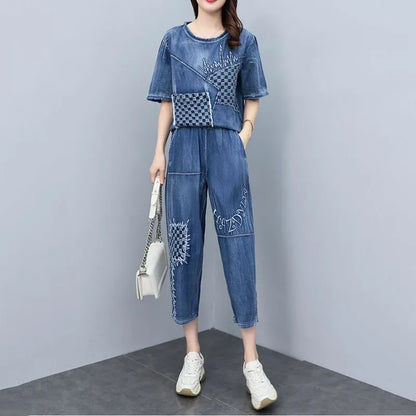 2026 Summer Women Embroidered Mosaic Lattice Denim Two-Piece Suit Fashion Sportswear Female Casual Loose 2 Piece Set Ladies