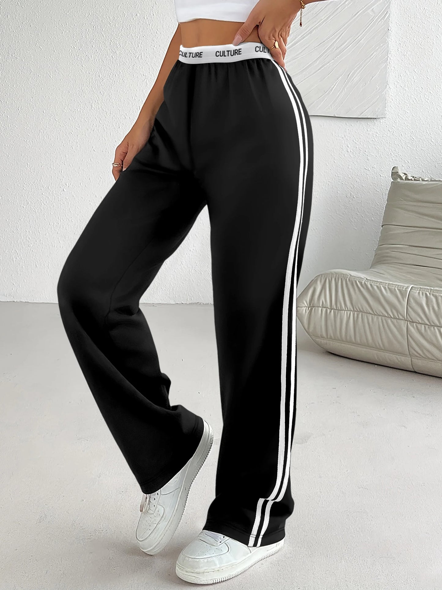 Side Stripe Wide Leg Sweatpants - "CULTURE" Print Waistband Casual Pants for Women
