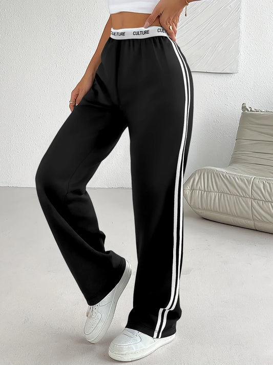 Side Stripe Wide Leg Sweatpants - "CULTURE" Print Waistband Casual Pants for Women