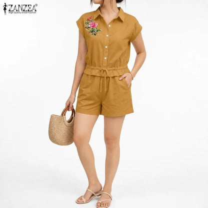 ZANZEA Women Short Sets Two Piece Shorts Sets Floral Drawstring Pockets Casual Summer Lapel Button 2PCS Sleeveless Tops Shorts