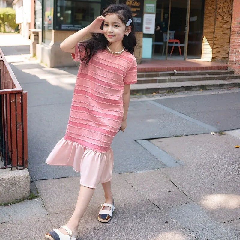 Summer Short-sleeved Fishtail Skirt Junior Girls' Clothing Korean Kids Clothes Year Old Dress 10 12 Years Frocks Girl 11 Beach 9