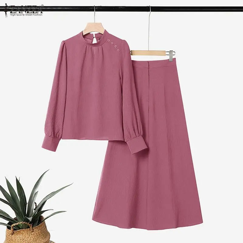ZANZEA Women Crinkled Fabric 2-Piece Pant Sets Mock Neck Blouse & Wide Leg Pant 2pcs Matching Sets Minimalist Commute Outfits