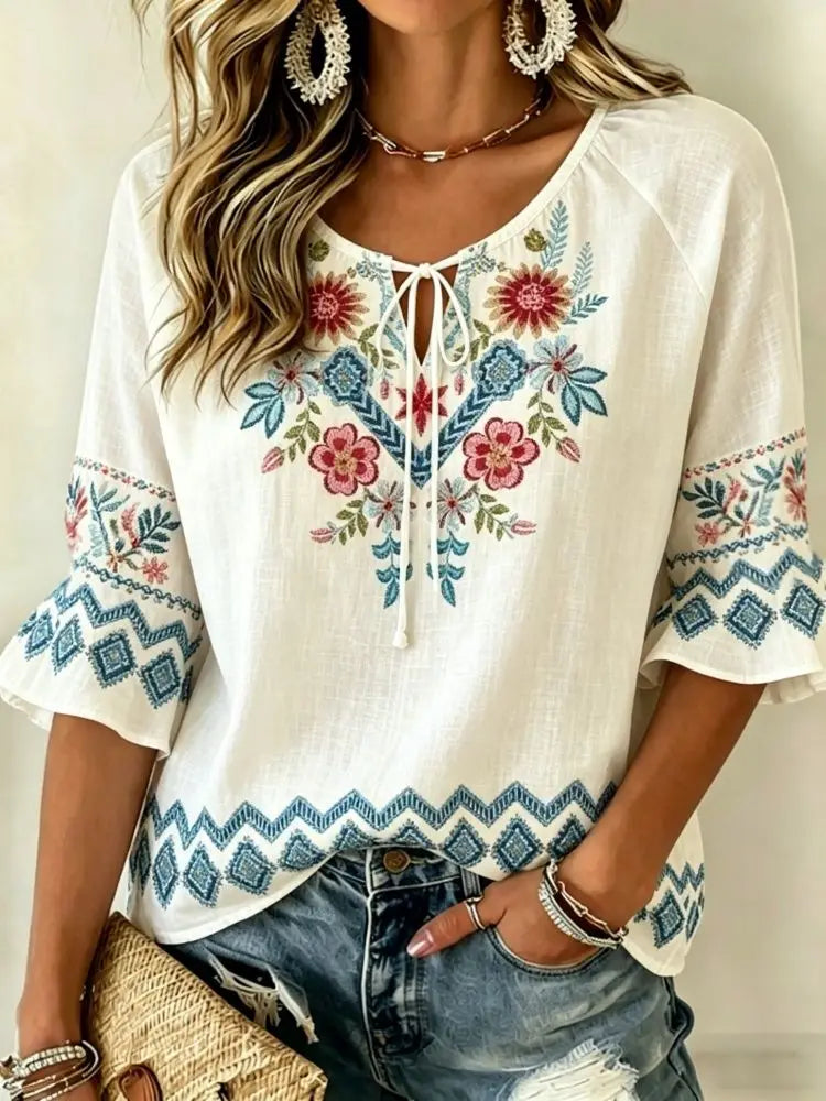 Women's White Colorful Floral Embroidered Tie Neck Blouse, Casual Loose Tops for Spring Summer Daily Wear & Vacation Occasions