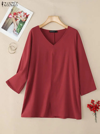 ZANZEA 2025 Autumn 3/4 Sleeve Blouses Women Casual V-Neck Solid Color Slit Hem Long Blouse Loose Everyday Wear 3 Colors S-3XL