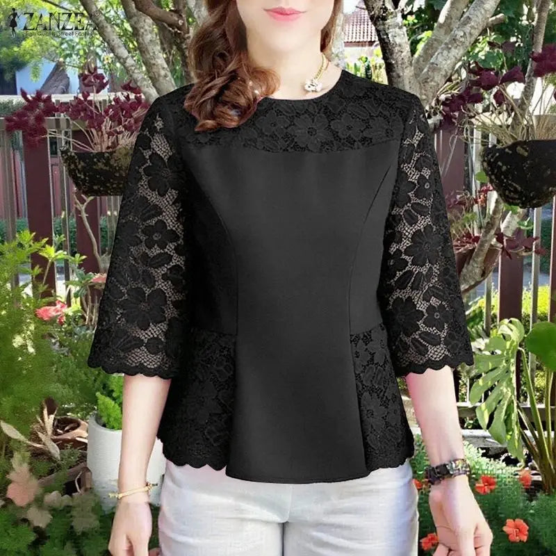 ZANZEA Women's Lace Patchwork Blouses 2026 Summer O-Neck 3/4 Sleeve Solid Color Blusas Casual and Day Elegant Woman Clothes 3XL