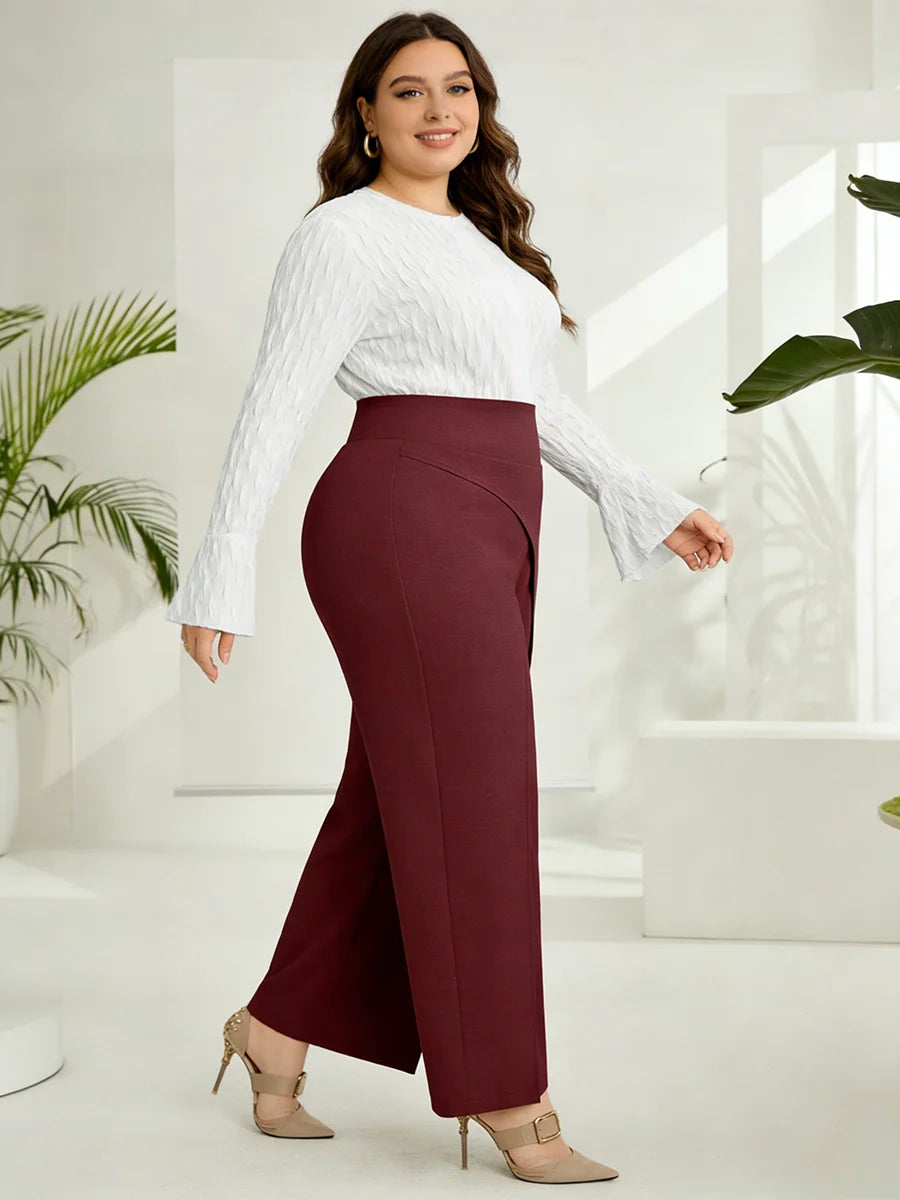 Plus Size Women's Pants High Waist Back Zipper Solid Textured Wide Leg Bottoms Elegant Spring Summer Office Stretch Bottoms