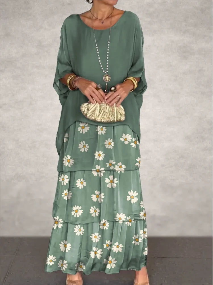 Fashion New Chiffon Printing Mesh Bat Sleeve O Neck Long Women's Dresses Summer Casual Loose Elegant Female Holiday Beach Dress