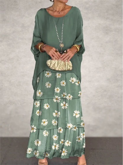 Fashion New Chiffon Printing Mesh Bat Sleeve O Neck Long Women's Dresses Summer Casual Loose Elegant Female Holiday Beach Dress