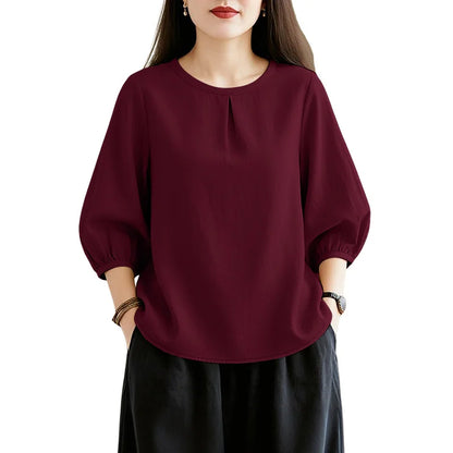 ZANZEA Summer 2026 Pleats Detailing Blouses Women O-Neck 3/4 Puff Sleeve Solid Color Tops Daily Casual Plain Blusas de Mujer
