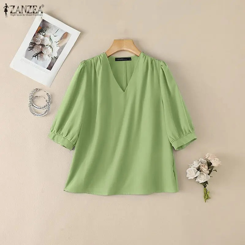 ZANZEA Women Blouse Elegant V Neck Puff Half Sleeve Solid Color OL Work Blusas Casual Tunic Oversize Streetwear Summer Autumn