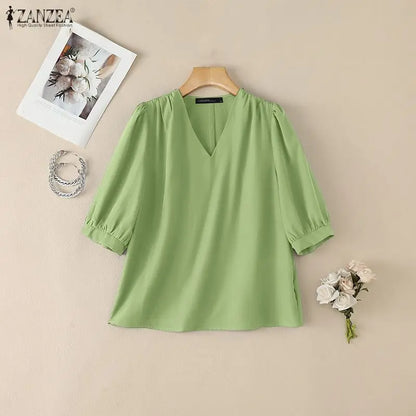 ZANZEA Women Blouse Elegant V Neck Puff Half Sleeve Solid Color OL Work Blusas Casual Tunic Oversize Streetwear Summer Autumn